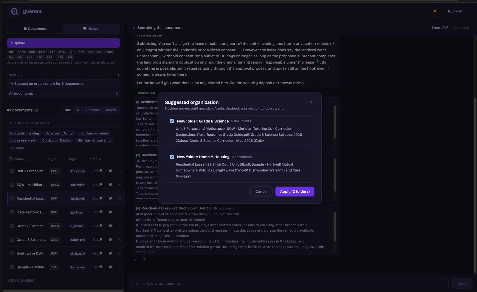 A "Suggested organization" dialog proposing two folders, Grade 8 Science and Home & Housing, with the note that nothing moves until Apply is clicked